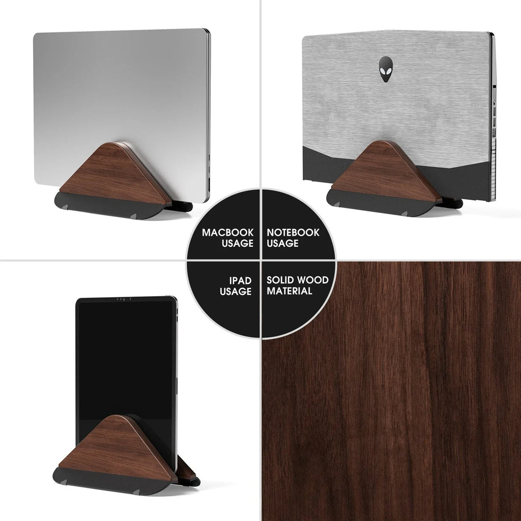 Walnut Wooden Vertical Laptop Stand for MacBook – Adjustable Holder with Solid Base, Space-Saving , Ideal for Desktop Docking