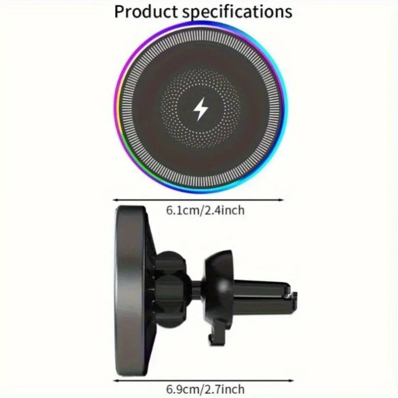 RGB Light Car Magnetic Wireless Charger Phone Holder Air Vent Stand For Magsafe iPhone 16 15 14 13 12 Pro Max Fast Charging Dock
