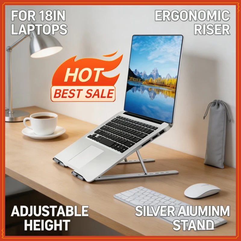 Adjustable Aluminum Laptop Stand - 6-Level Height, Foldable & Portable Design For 8-16” Laptops, Enhanced Ventilation & Heat