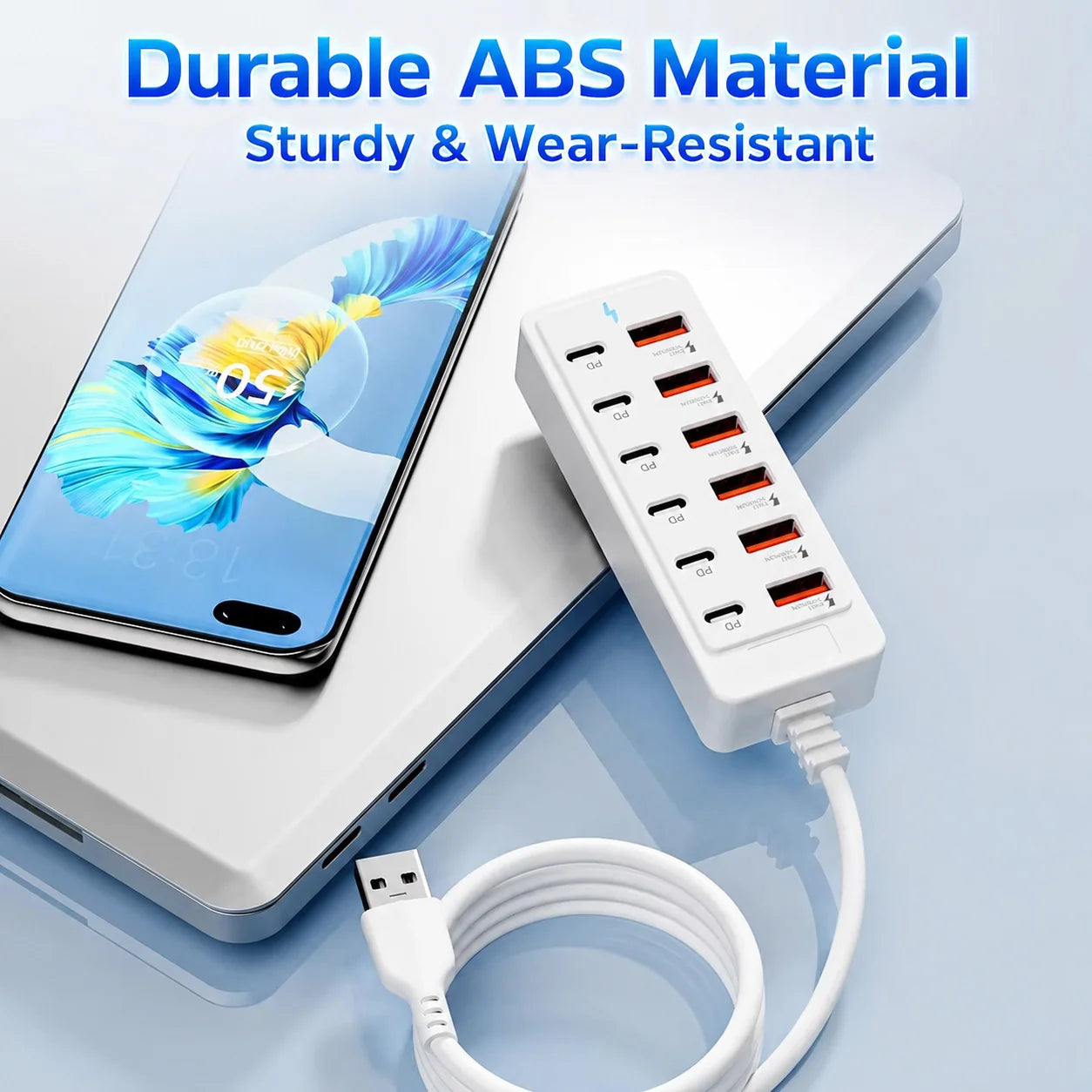 12-Port USB Charger 6 USB-A 6 USB-C Desktop Charging Station Fast Charger Multi Port Power Adapter with 1M Cable for Home Office