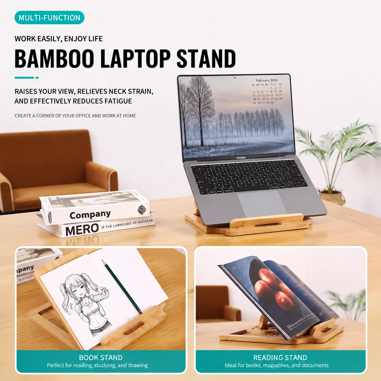 Portable Foldable Wooden Vertical Laptop Stand for Desk Bamboo Laptop Stand Compatible Ergonomic 12° Adjustable Angle Accessory