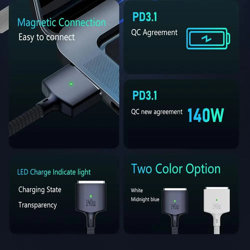 140W 78.7inch 2m USB Type C to Mag safe 3 Magnetic PD Charger Cord Laptop Charging Cable Converter for MacBook Air Pro Magsafe