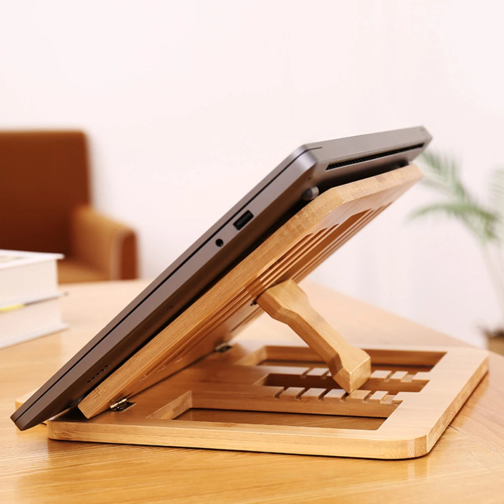 Portable Foldable Wooden Vertical Laptop Stand for Desk Bamboo Laptop Stand Compatible Ergonomic 12° Adjustable Angle Accessory