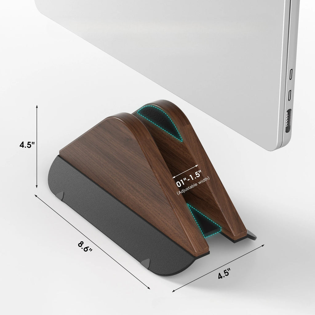 Walnut Wooden Vertical Laptop Stand for MacBook – Adjustable Holder with Solid Base, Space-Saving , Ideal for Desktop Docking