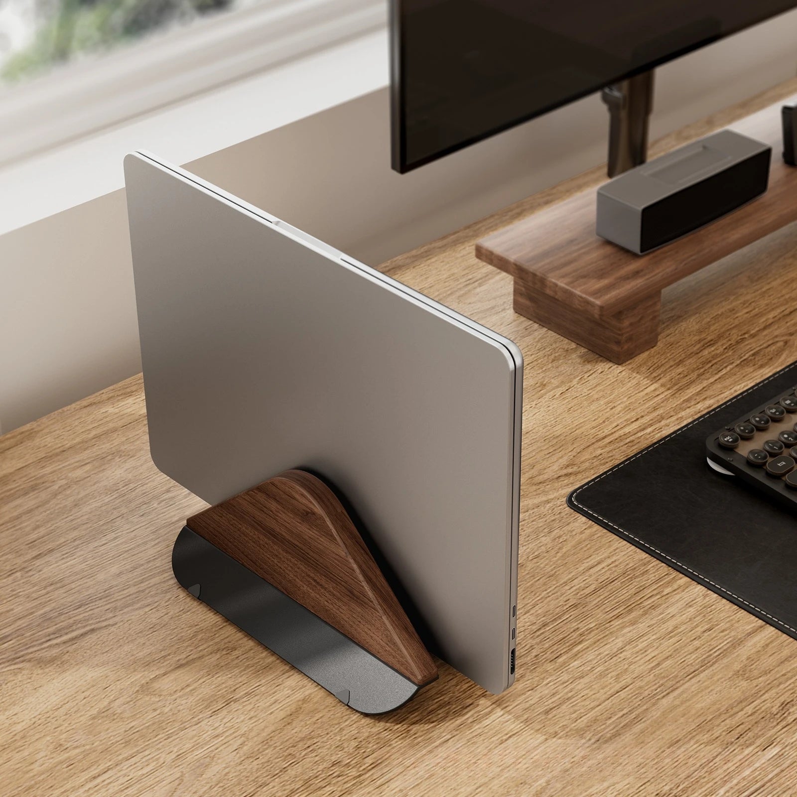 Walnut Wooden Vertical Laptop Stand for MacBook – Adjustable Holder with Solid Base, Space-Saving , Ideal for Desktop Docking