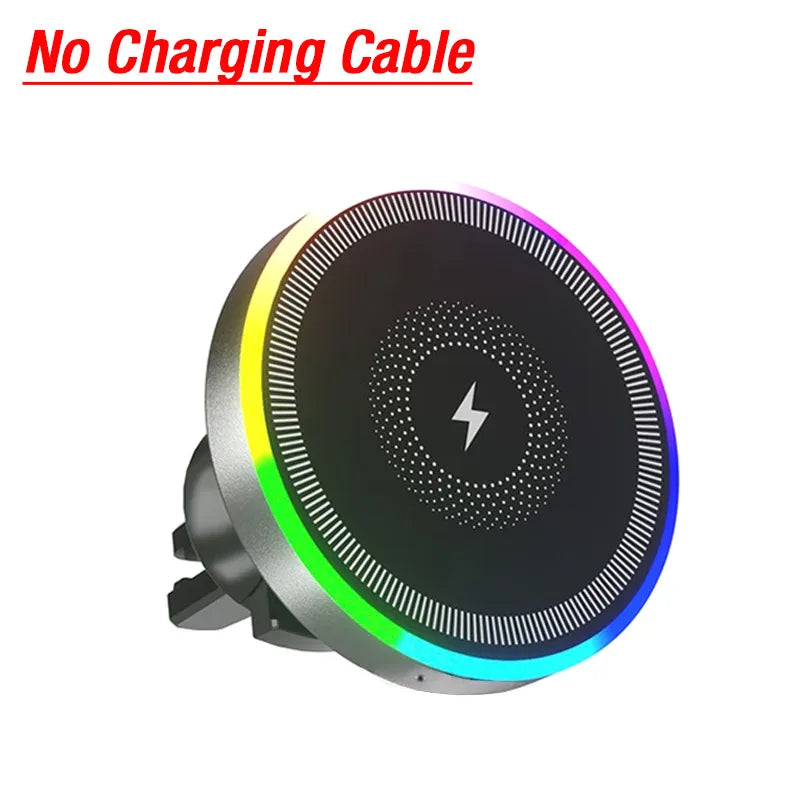 RGB Light Car Magnetic Wireless Charger Phone Holder Air Vent Stand For Magsafe iPhone 16 15 14 13 12 Pro Max Fast Charging Dock