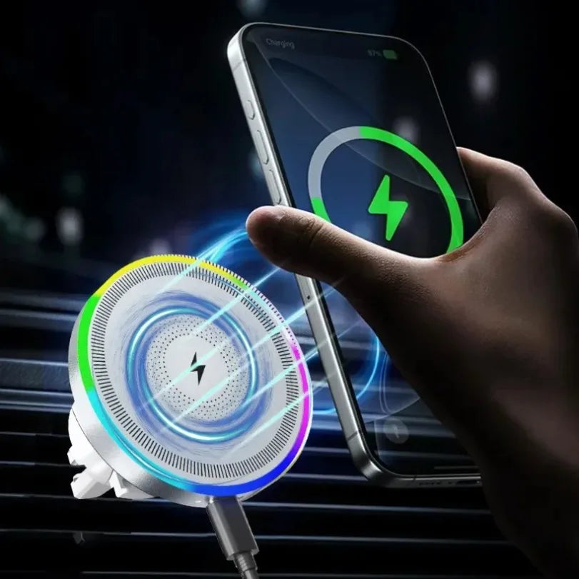 RGB Light Car Magnetic Wireless Charger Phone Holder Air Vent Stand For Magsafe iPhone 16 15 14 13 12 Pro Max Fast Charging Dock