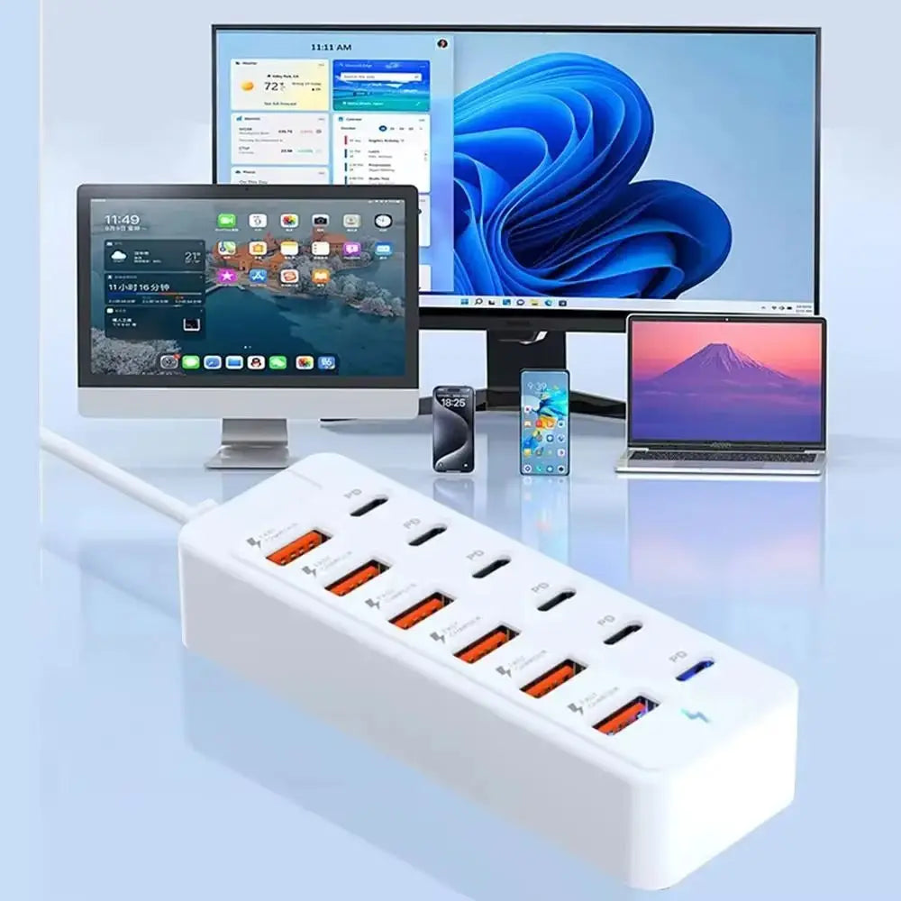 12-Port USB Charger 6 USB-A 6 USB-C Desktop Charging Station Fast Charger Multi Port Power Adapter with 1M Cable for Home Office