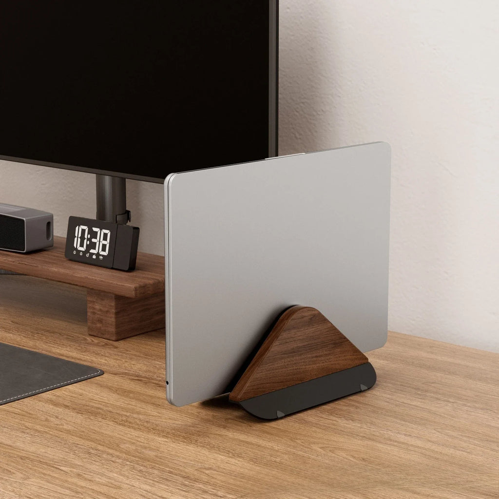Walnut Wooden Vertical Laptop Stand for MacBook – Adjustable Holder with Solid Base, Space-Saving , Ideal for Desktop Docking