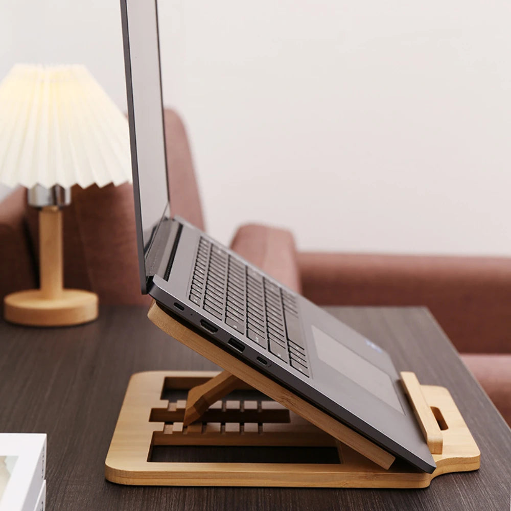 Portable Foldable Wooden Vertical Laptop Stand for Desk Bamboo Laptop Stand Compatible Ergonomic 12° Adjustable Angle Accessory
