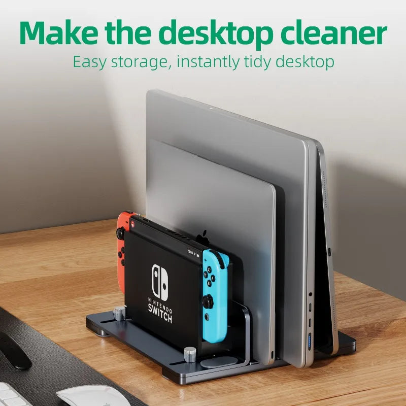 Vertical Laptop Stand – 20KG Load, 13-44mm Width Adjustable, Aluminum Alloy, Space-Saving Desktop Holder
