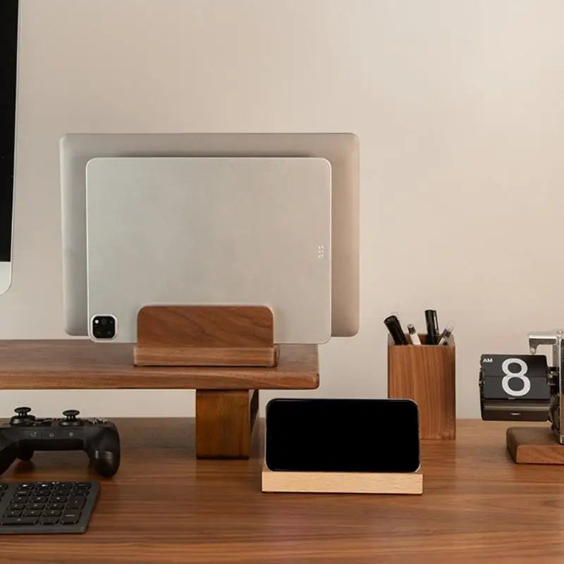 Wooden Pattern Laptop Stand Vertical Holder With AntiSlip Base for Desktop Organization And Space Saving F19E
