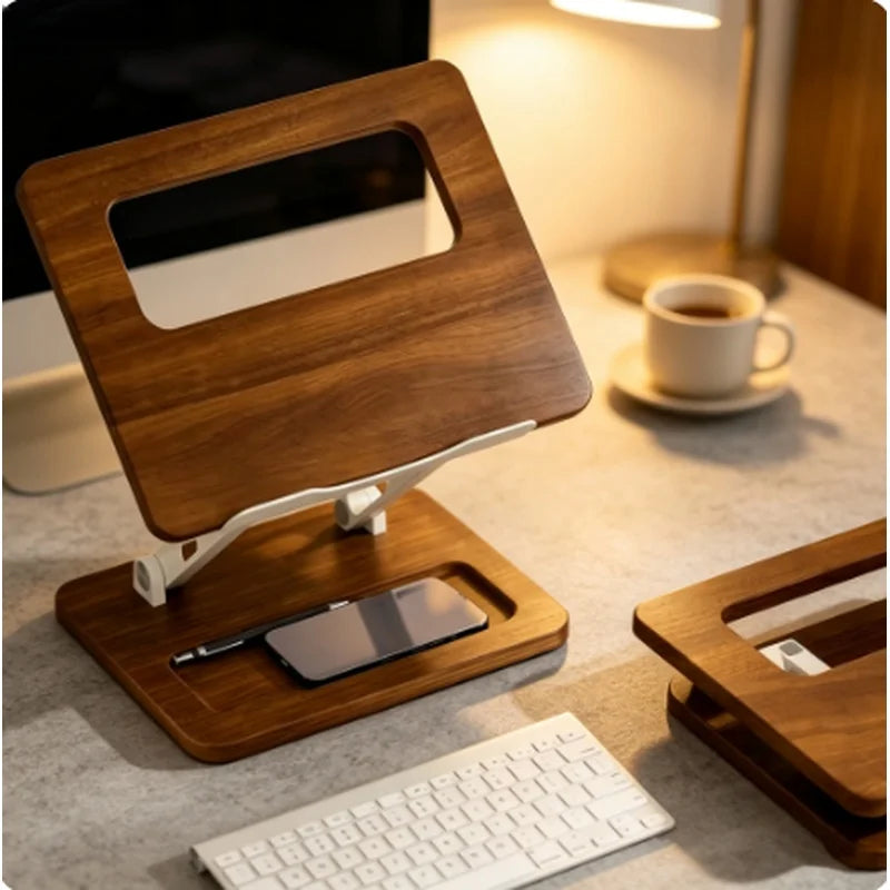 Solid Wood Grain Laptop Stand, Premium Office Desk Riser with Cooling Rack & Storage Slot, Stable Non‑Shaky for Notebook Compute