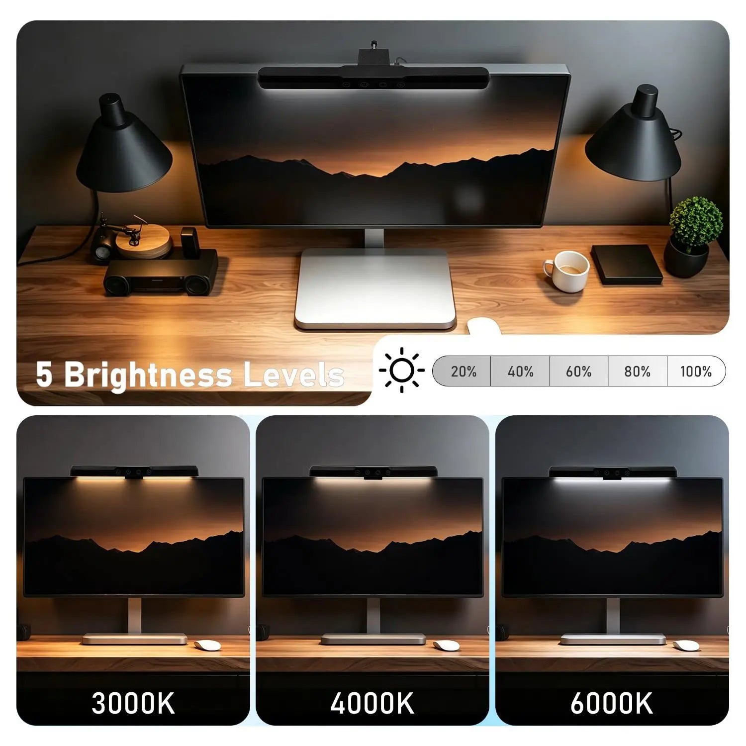 USB Monitor Light Bar 15.3 Inch Clip‑on Computer Screen Lamp Touch Control Dimmable 3 Color for PC Monitor Notebook Office Study