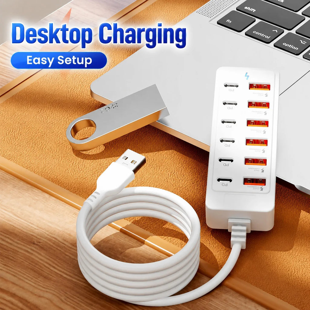 12-Port USB Charger 6 USB-A 6 USB-C Desktop Charging Station Fast Charger Multi Port Power Adapter with 1M Cable for Home Office