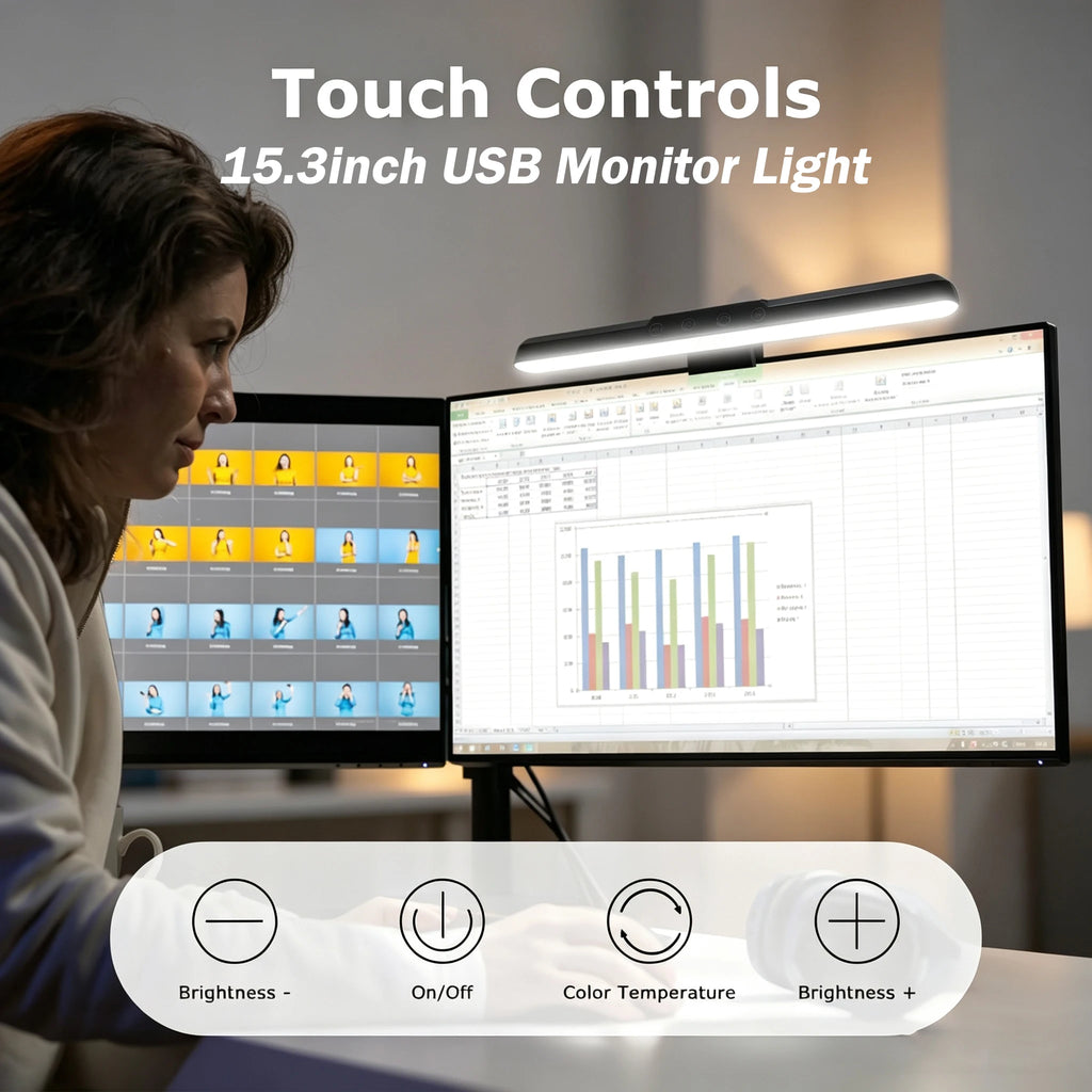 USB Monitor Light Bar 15.3 Inch Clip‑on Computer Screen Lamp Touch Control Dimmable 3 Color for PC Monitor Notebook Office Study