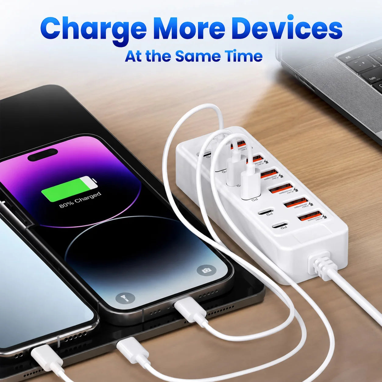 12-Port USB Charger 6 USB-A 6 USB-C Desktop Charging Station Fast Charger Multi Port Power Adapter with 1M Cable for Home Office