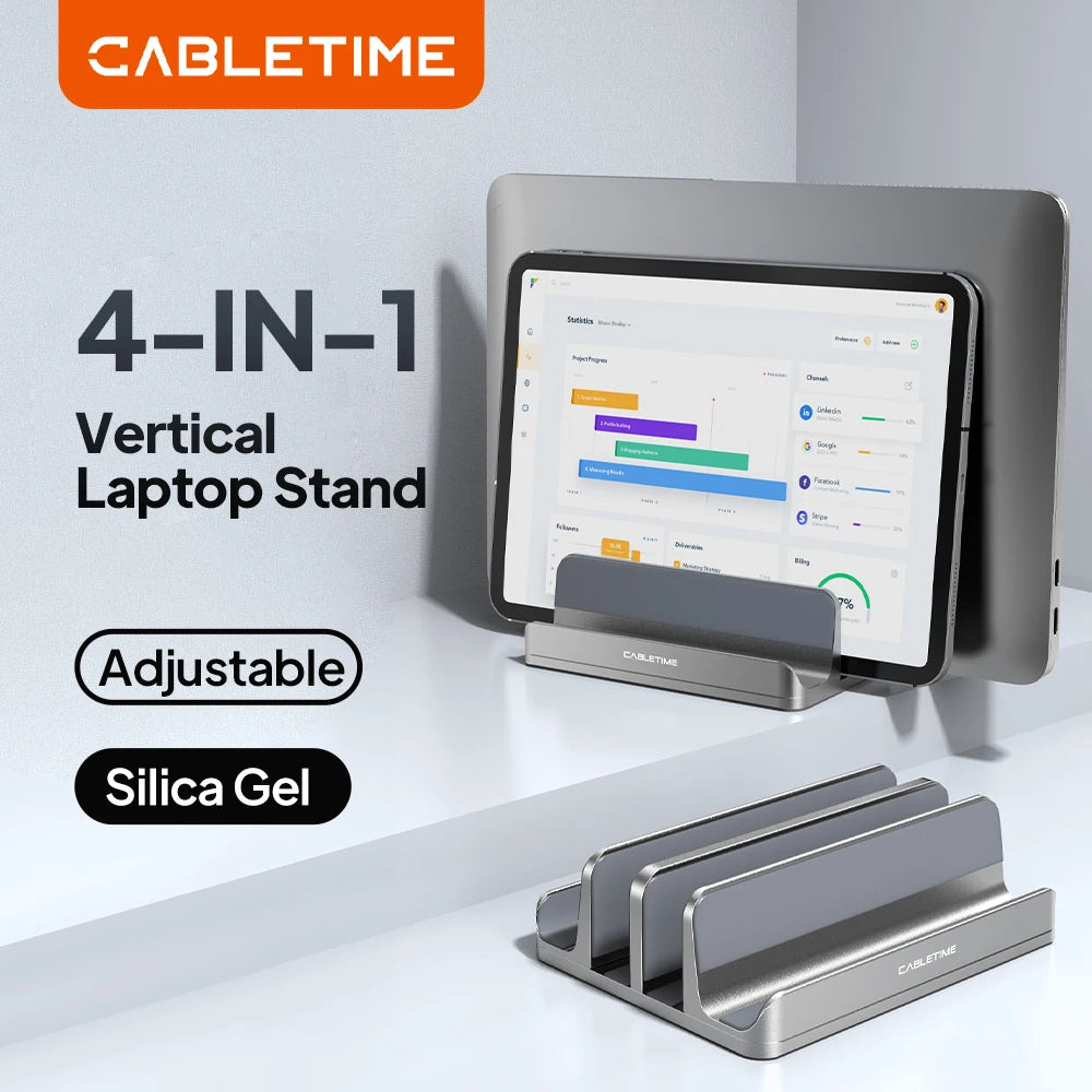 CABLETIME Vertical Laptop Stand Aluminum Notebook Stand For MacBook Air Pro iPad HP Dell Phone Dual Laptop Tablet Hold