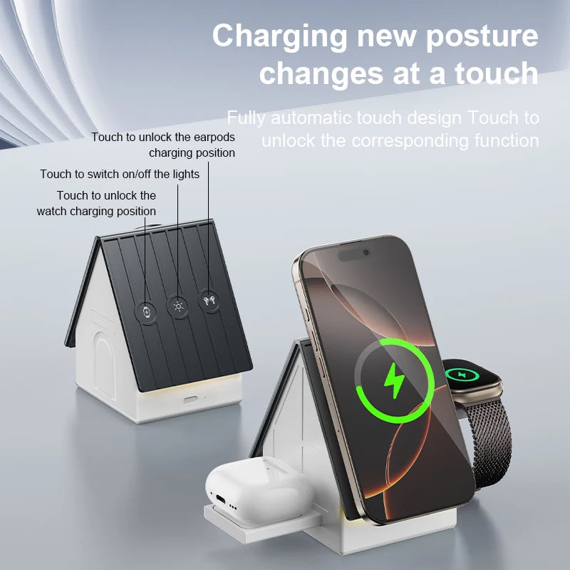 3-in-1 Wireless Magsafe Charger | Touch-sensitive Auto-retractable Base, Fast Charging, Warm White Ambient Light