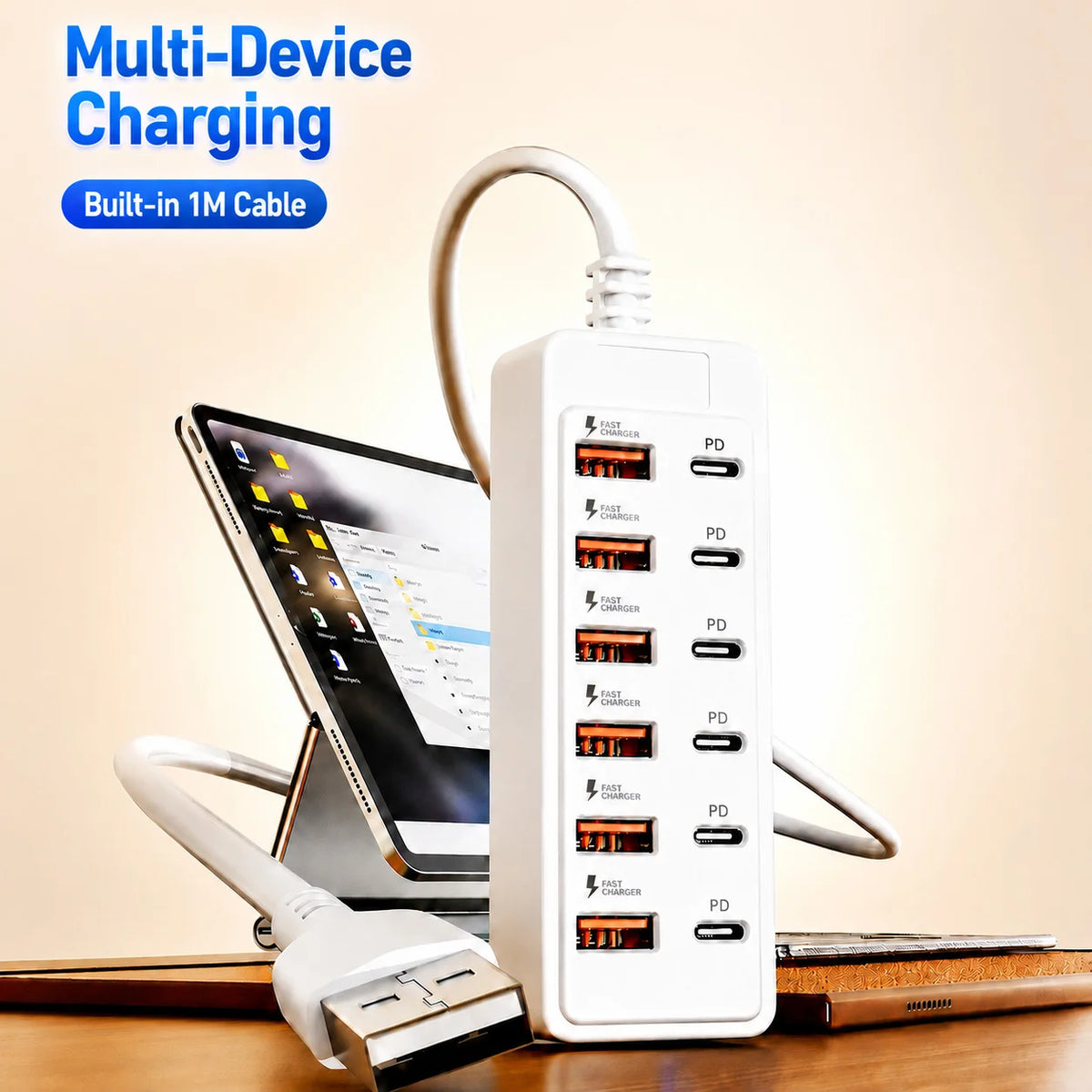12-Port USB Charger 6 USB-A 6 USB-C Desktop Charging Station Fast Charger Multi Port Power Adapter with 1M Cable for Home Office