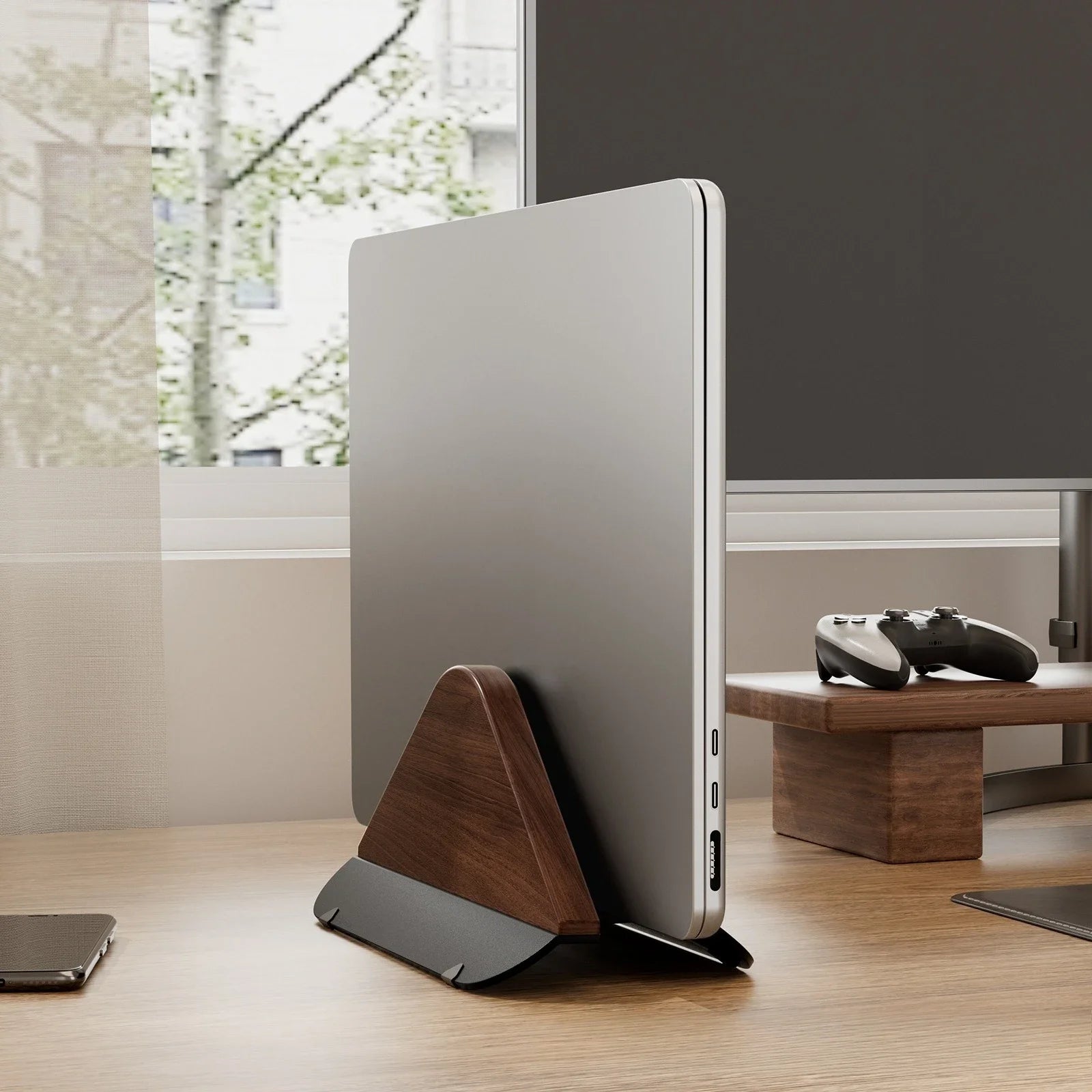 Walnut Wooden Vertical Laptop Stand for MacBook – Adjustable Holder with Solid Base, Space-Saving , Ideal for Desktop Docking