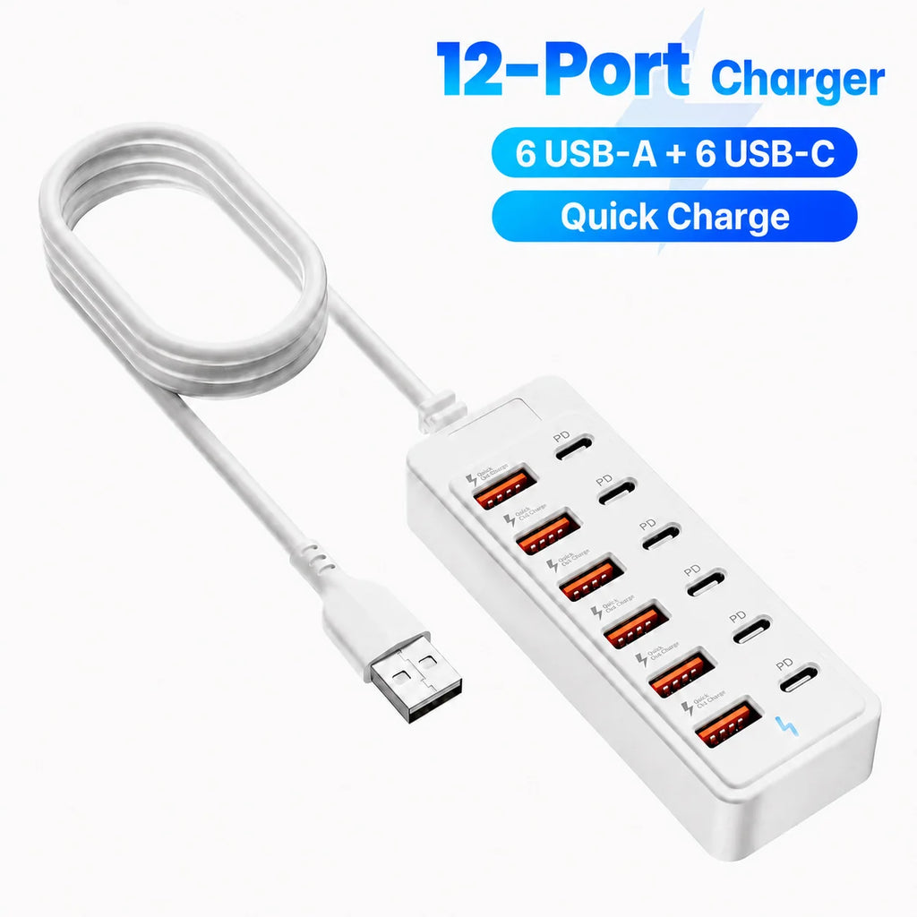 12-Port USB Charger 6 USB-A 6 USB-C Desktop Charging Station Fast Charger Multi Port Power Adapter with 1M Cable for Home Office
